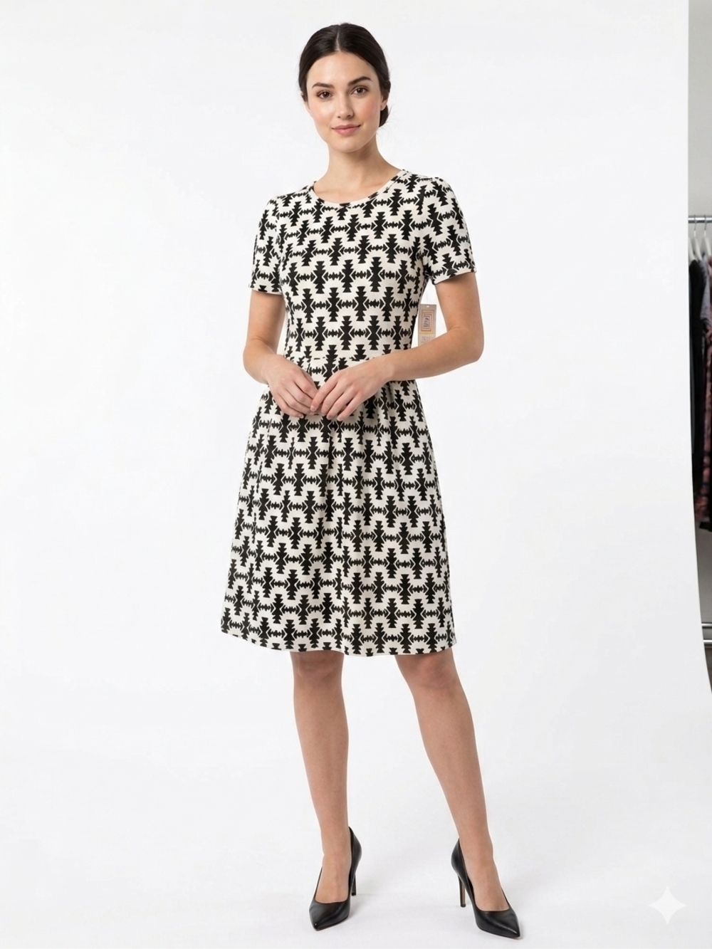 Black & White Short Sleeve Patterned A-Line Dress
